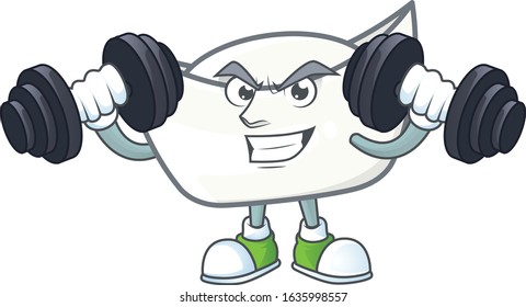 Chinese white ingot mascot icon on fitness exercise trying barbells