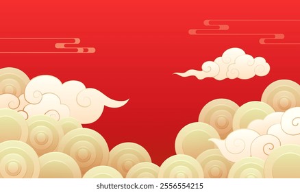 Chinese wind red celebrates the New Year against a background of yellow ripples and white clouds