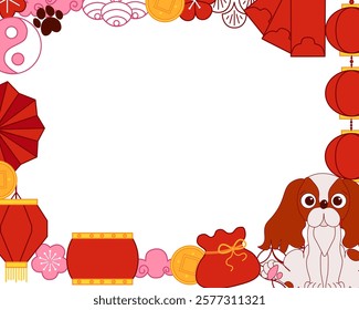 Chinese window rectangle vector frame with traditional elements, CNY 2030 Lantern lunar festival graphic line dog template
