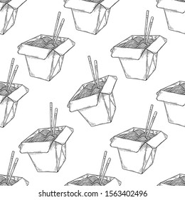 Chinese wok food sketch noodles box seamless pattern. Noodle China Asian cuisine restaurant menu design hand drawn engraving illustration.