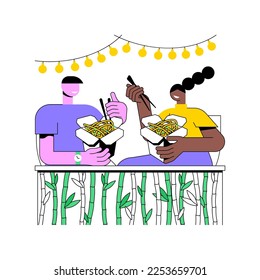 Chinese wok isolated cartoon vector illustrations. Couple eating Chinese wok together, holding chopsticks in hands, fast food addiction, takeaway noodles, leisure time vector cartoon.