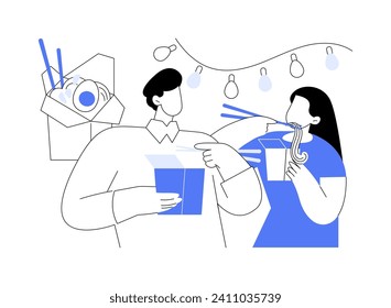 Chinese wok isolated cartoon vector illustrations. Couple eating Chinese wok together, holding chopsticks in hands, fast food addiction, takeaway noodles, leisure time vector cartoon.