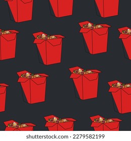 Chinese wok noodles to go in red and black colors. Seamless pattern with asian food
