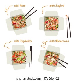Chinese WOK noodles with meat, seafood, vegetables and mushrooms in paper boxes.