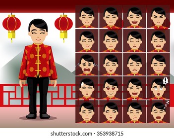 Chinese Woman Cartoon Emotion faces Vector Illustration