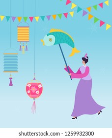 Chinese Woman celebrating Lunar New Year. Lion Dragon dance woman character wearing china traditional costume on parade or carnival. Vector illustration