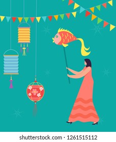 Chinese Woman celebrating Lunar New Year. Lion Dragon dance woman character wearing china traditional costume on parade or carnival. Vector illustration