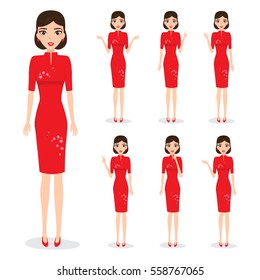 chinese woman character avatar of red dress. international young people vector.