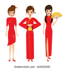 chinese woman character avatar of red dress. international young people vector.