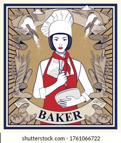 Chinese Woman Chef Is Cooking With Whisk On Brown Background In Hand Drawing Bakery Frame.