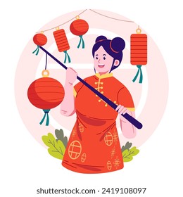 Chinese woman with lantern illustration