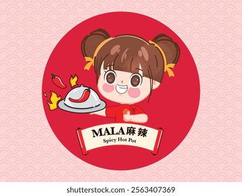 Chinese woman logo in traditional costume holding spicy food. Cute cartoon chibi style illustration vector premium.