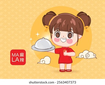 Chinese woman logo in traditional costume holding spicy food. Cute cartoon chibi style illustration vector premium.