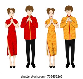 Chinese Woman and Man in Red and Gold Qipao Dress. isolated on White Background. Vector Illustration.