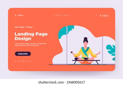 Chinese woman sitting at small table and eating. Tea, rice, chopstick flat vector illustration. Tradition and nation concept for banner, website design or landing web page