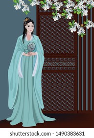 Chinese woman standing in front of partition and white flowers -vector