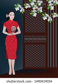 Chinese woman standing in front of partition and white flowers -vector