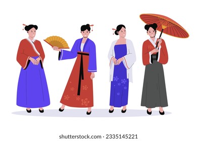 Chinese woman in traditional clothes vector illustrations. Group women chinese people wearing kimonos, Flat vector illustration isolated on white background