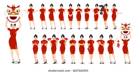 Chinese woman in traditional style clothes set different gestures isolated and Chinese new year concept vector illustration