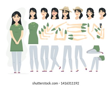 Chinese woman - vector cartoon people character constructor isolated on white background. A set of different face expressions, emotions, poses, gestures, hairstyles for animation, different hats