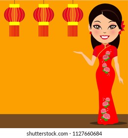 A chinese woman wearing a traditional chinese outfit with Chinese lanterns adorning the background
