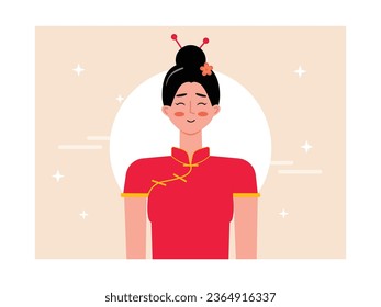 Chinese women wear traditional red dress, flowers and head decorations, beautiful asian girl. Character design. Vector flat illustration