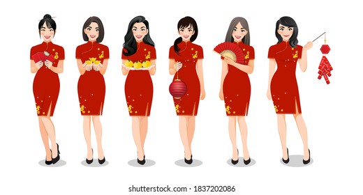 Chinese women's group holding Chinese new year elements in traditional style clothes set and different gestures isolated vector illustration