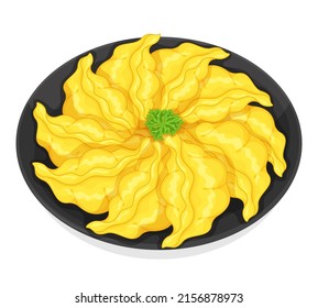 Chinese wonton dumpling wrappers on black plate illustration vector.