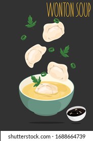 Chinese Wonton soup. Vector illustration