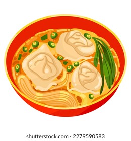 Chinese Wonton Soup vector illustration, clipart cartoon style. Asian food. Chinese cuisine. Chinese food.