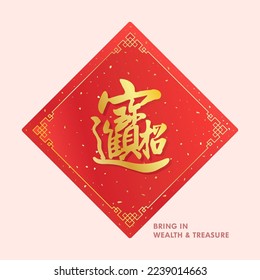 Chinese word Bring in Wealth and Treasure on oriental red color calligraphic paper. Happy lunar new year blessing word.