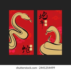 Chinese words on left banner means "2025 Year of the snake". words on the right banner means "Good luck in the year of snake" Chinese lunar new year decoration. Traditional calligraphy and hand draw. 