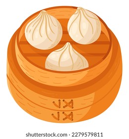 Chinese Xiaolongbao - Chinese Soup Dumplings in a bamboo steamer vector design illustration, clipart cartoon style. Asian food. Chinese cuisine. Chinese food.