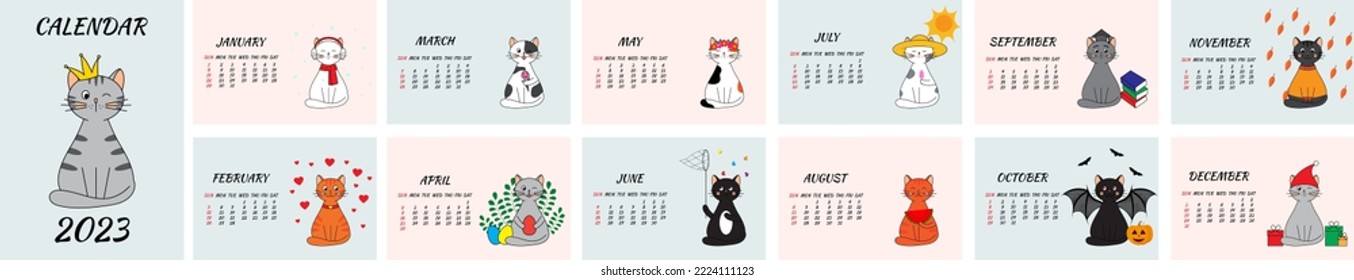 Chinese Year of the Cat. Wall calendar for 2023 with cute flat style cats. Different cats for each month. Set of 12 pages. Vector illustration.