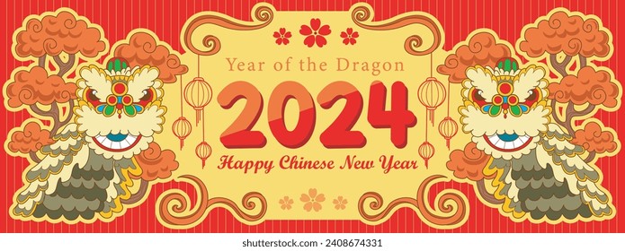 Chinese Year of the Dragon 2024. Happy Chinese Year. Red dragon symbol. Banner of chinese year. Chinese new year with red dragon background. Wallpaper of china town. Vector illustration. Drawing