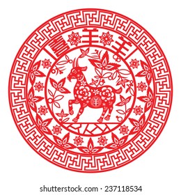 Chinese year of Goat made by traditional Chinese paper cut arts / Goat year Chinese zodiac symbol / Chinese character for Translation:A festive with joy and happiness 