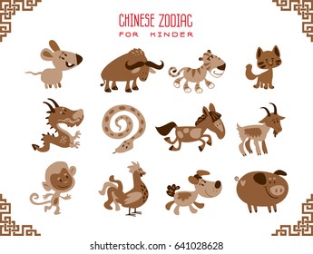 Chinese year horoscope symbols in cartoon style. Vector illustration isolated on a white background.