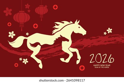 Chinese year of the horse 2026 banner with horse and foal. Lunar new year 2026 with zodiac horses silhouettes on red background with hanging lanterns. Mare and foal silhouettes.