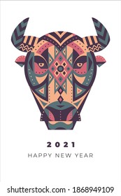 Chinese year of the ox flat vector illustration. Color block isolated drawing of a geometric bull. Symbol of 2021 illustration. Design element for banner, poster, card. Oriental horoscope print. 