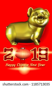 Chinese year of pig. Happy new 2019 year. Red greeting postcard.