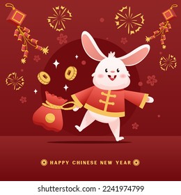 Chinese Year of Rabbit Cartoon Character Holding Money with Fireworks Bag Asian Style Decoration for Banner Background