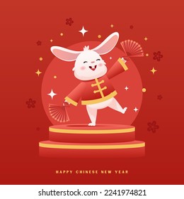 Chinese Year of Rabbit Cartoon Character Dance with Asian StyleDecoration for Banner Background
