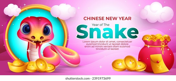 Chinese Year of the snake Banner design, with cute cartoon snake, golden ingots and coin illustration