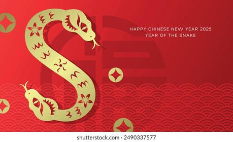 Chinese year of the snake gold and red background with oriental decorative elements.