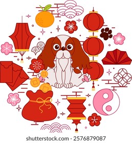 Chinese year of zodiac Dog 2030 illustration concept. Graphic line vector dog CNY lantern festival round composition.  New year animal 2030 isolated on transparent white.
