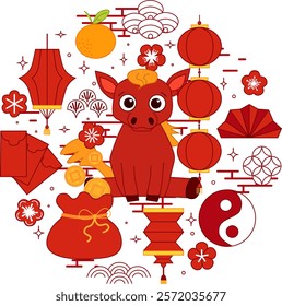 Chinese year of zodiac horse illustration concept. Graphic line vector Horse CNY lantern festival round circle composition.  New year animal isolated on transparent white.
