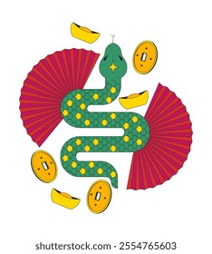 Chinese year of zodiac snake 2D illustration concept. Serpent reptile. New year animal 2025 feng shui coins sycee fans cartoon composition isolated on white. Metaphor abstract flat vector graphic