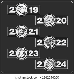 Chinese years zodiac calendar with animals. Pig, rat, bull, tiger, rabbit, dragon.