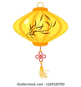 Chinese yellow color paper lantern with bamboo leaves isolated on white background. Vector illustration
