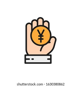 Chinese Yen, coin, money in hand flat color line icon.